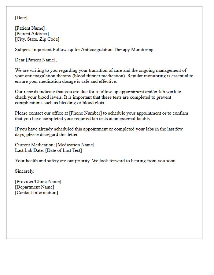 Transition Of Care Anticoagulation Therapy Monitoring Recall Letter