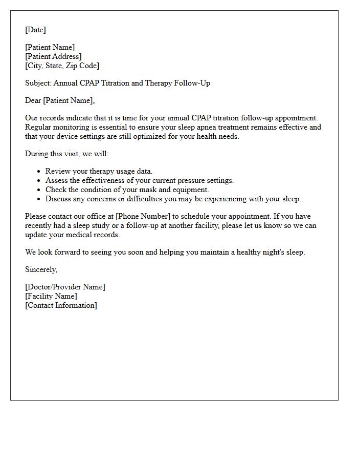 Annual CPAP Titration Follow-Up Recall Letter