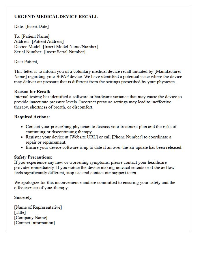 BiPAP Device Pressure Adjustment Recall Letter