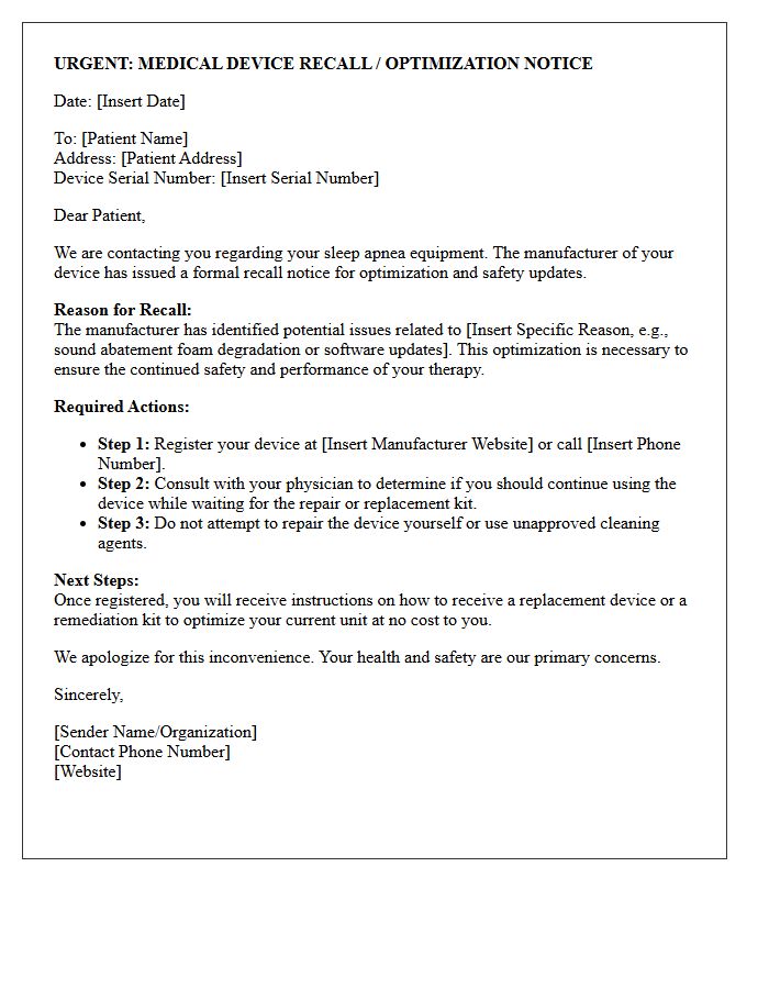 Sleep Apnea Equipment Optimization Recall Letter