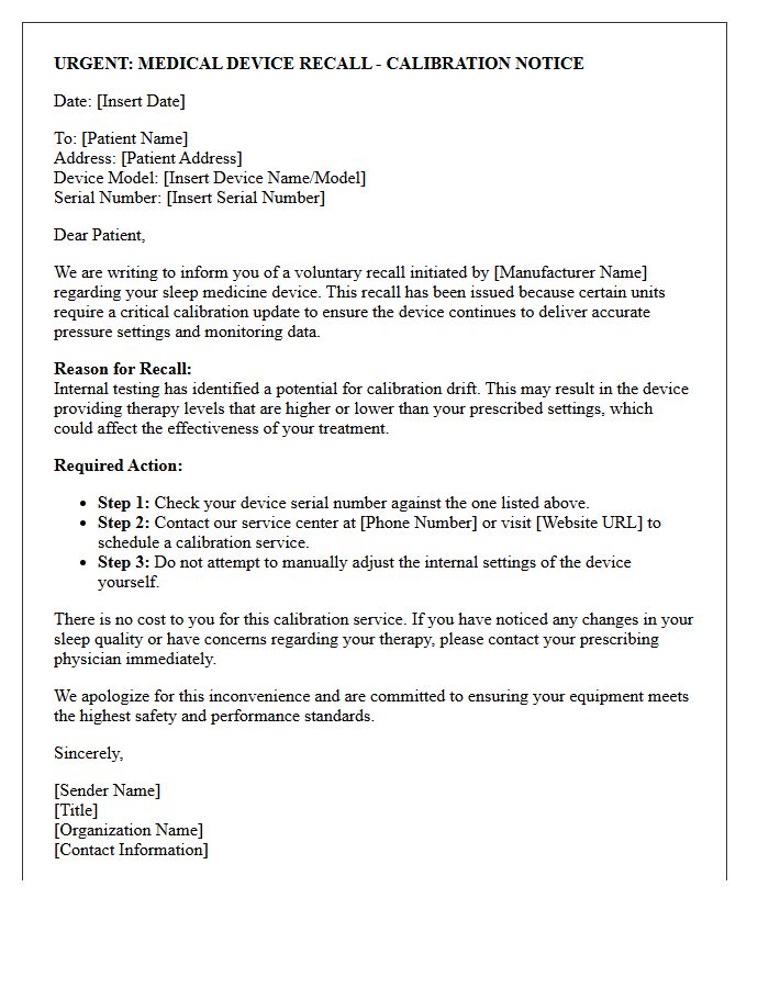 Sleep Medicine Device Calibration Recall Letter