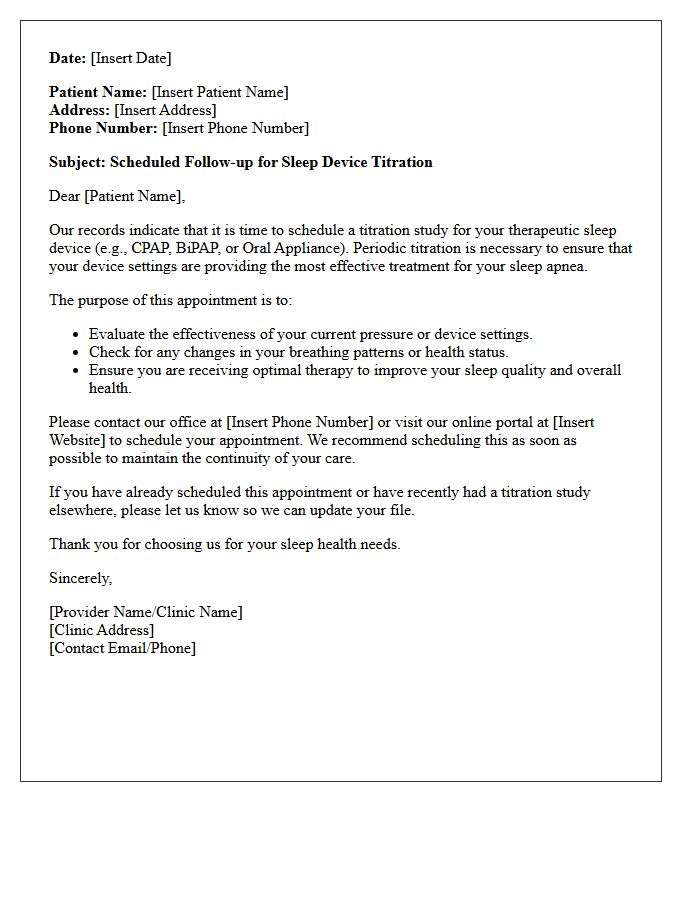 Therapeutic Sleep Device Titration Recall Letter