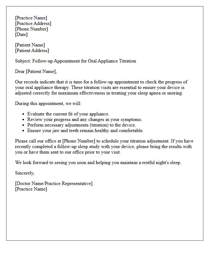 Oral Appliance Titration Adjustment Recall Letter