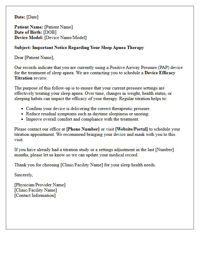 Sleep Apnea Device Efficacy Titration Recall Letter
