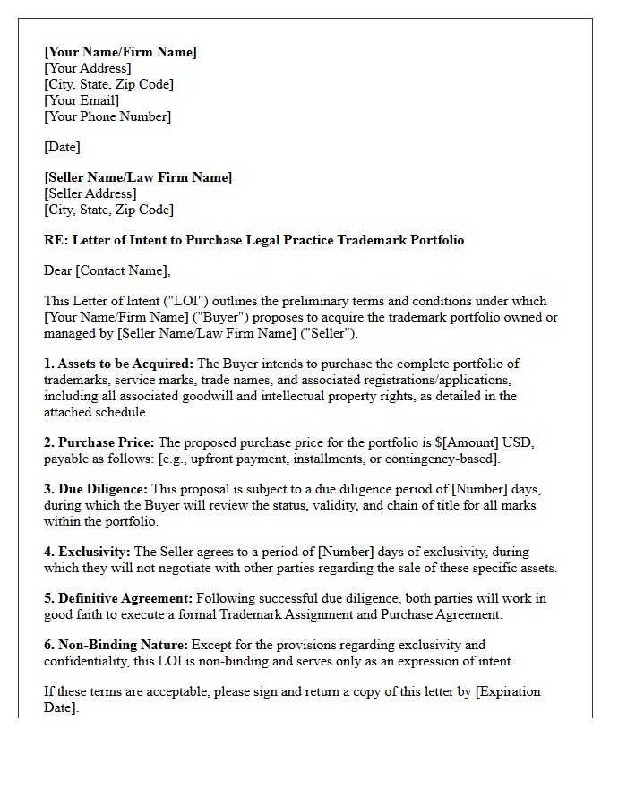Letter of Intent for the Purchase of Legal Practice Trademark Portfolios