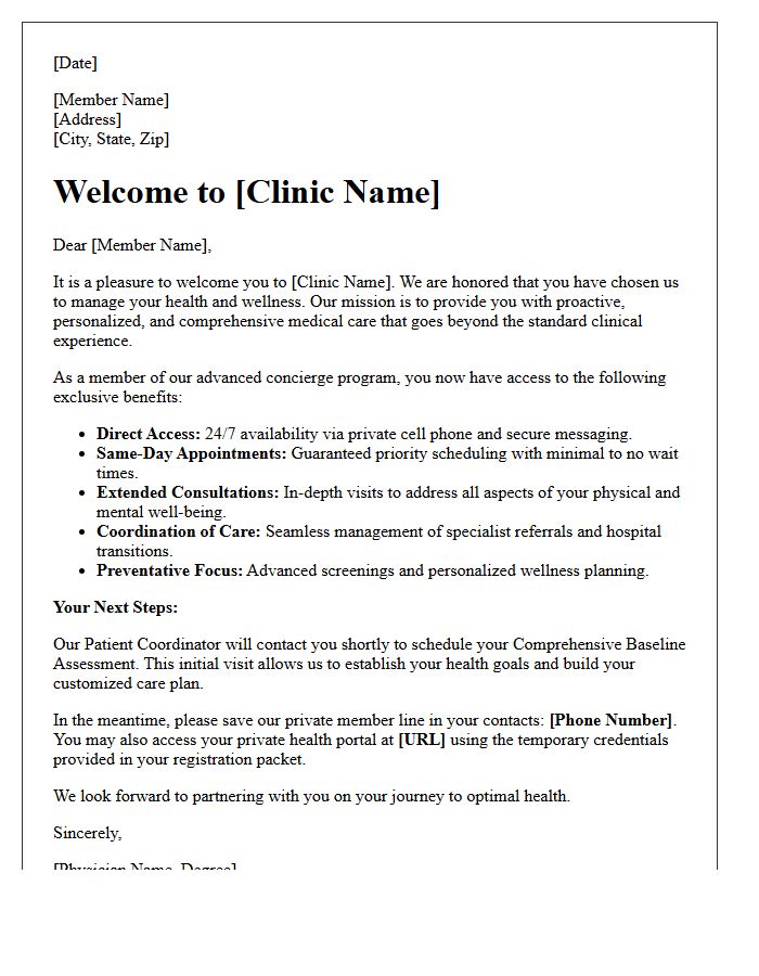Advanced Concierge Clinic Welcome Letter