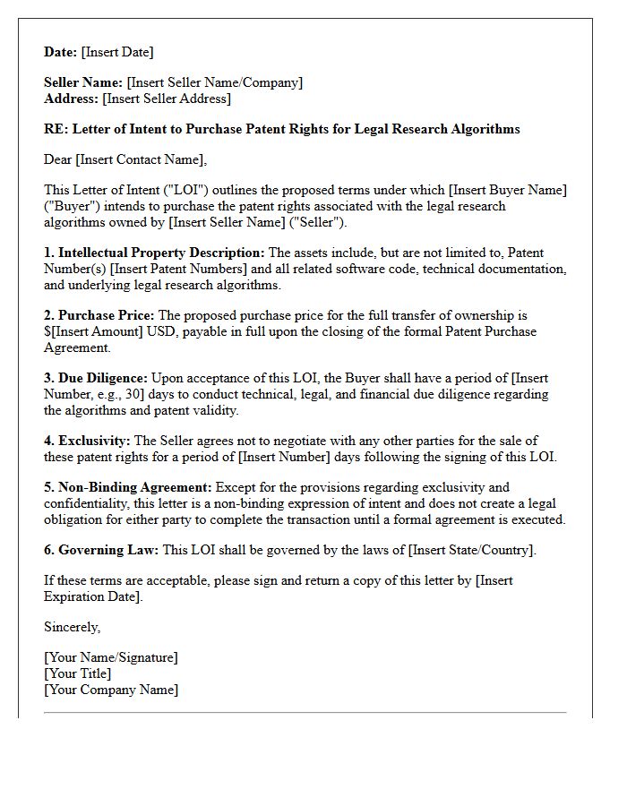 Letter of Intent to Purchase Patent Rights for Legal Research Algorithms