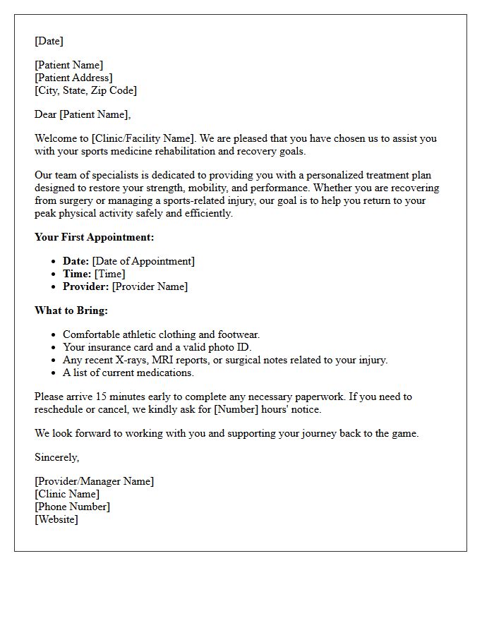 Standard Sports Medicine Rehabilitation Welcome Letter