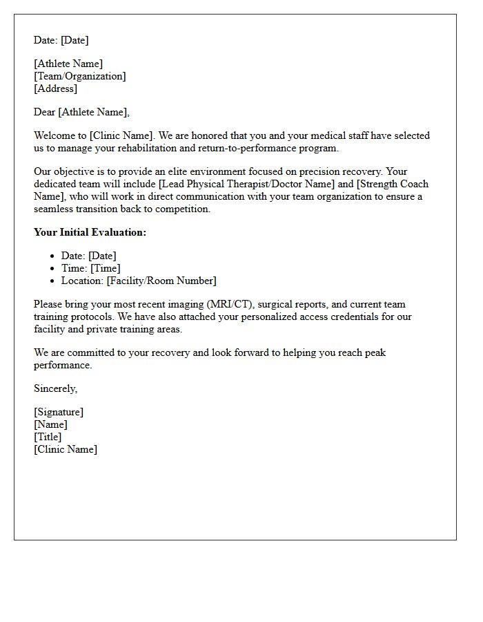 Professional Athlete Clinic Rehabilitation Welcome Letter