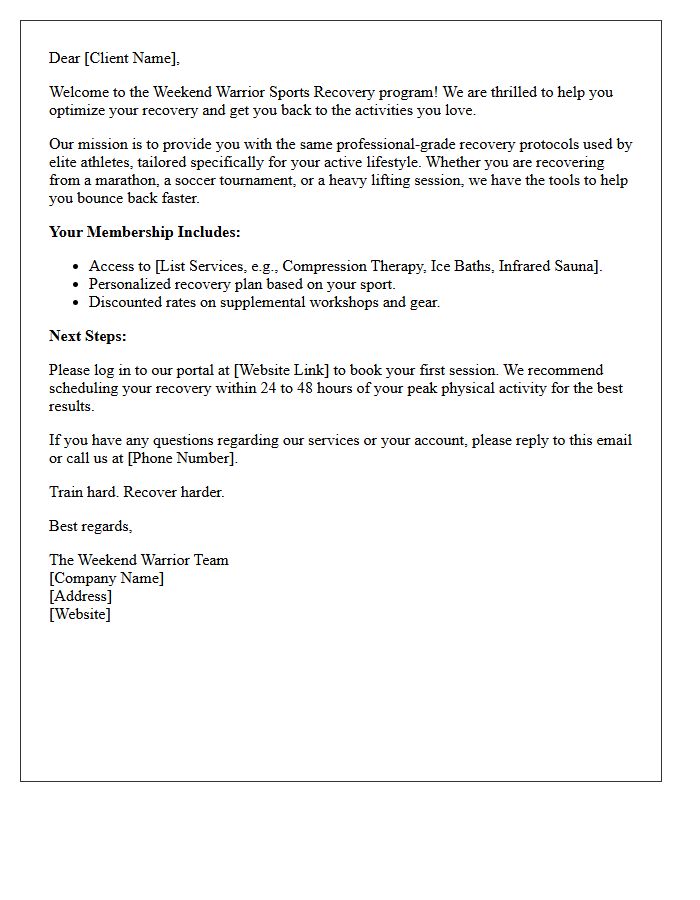 Weekend Warrior Sports Recovery Welcome Letter