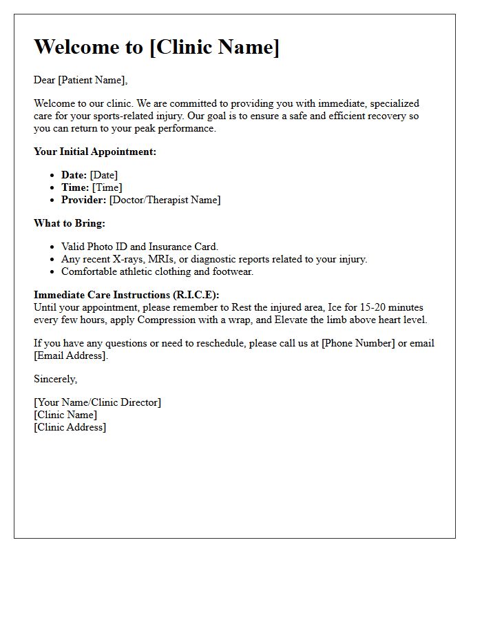 Acute Sports Injury Treatment Welcome Letter