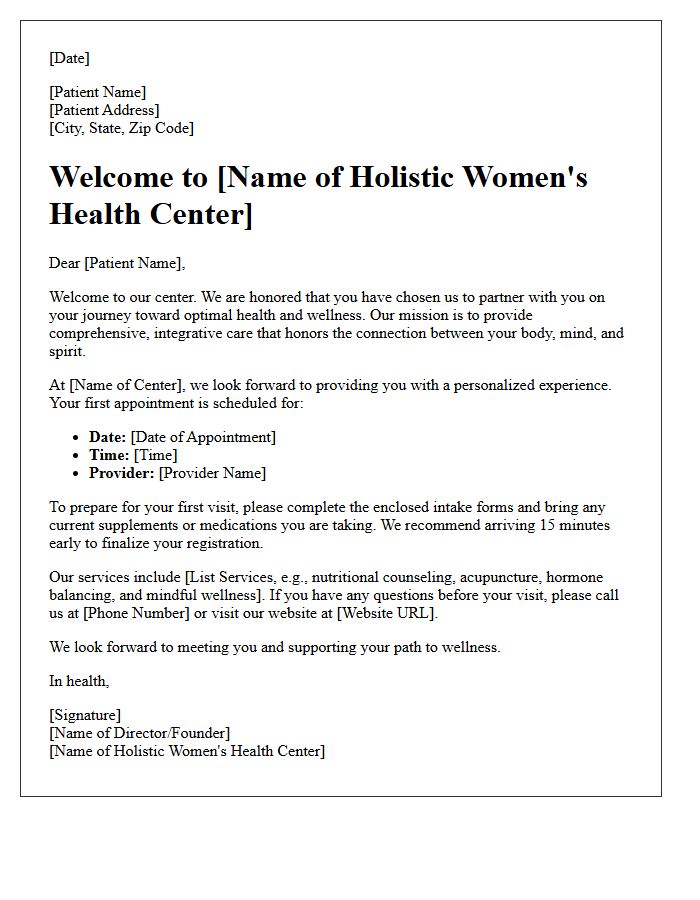 Holistic Women’s Health Center Welcome Letter