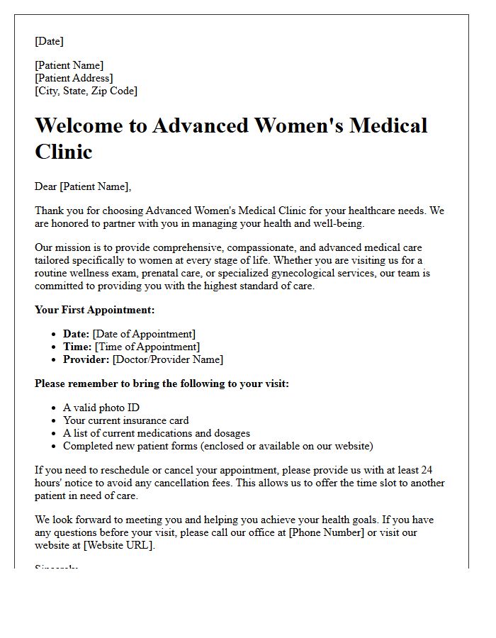 Advanced Women’s Medical Clinic Welcome Letter