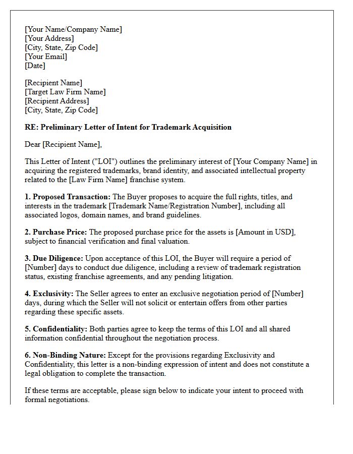 Preliminary Letter of Intent for Law Firm Franchise Trademark Acquisition