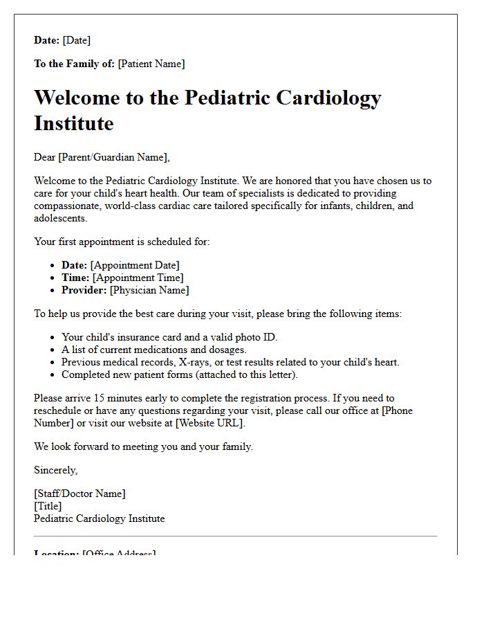 Pediatric Cardiology Institute Welcome Letter