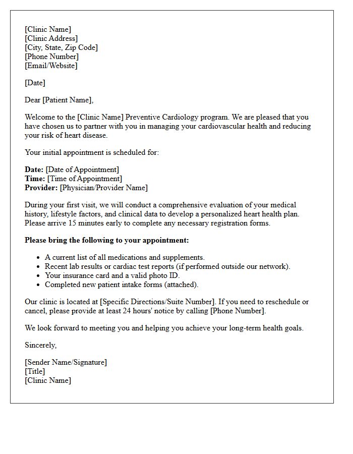 Preventive Cardiology Clinic New Patient Welcome Letter