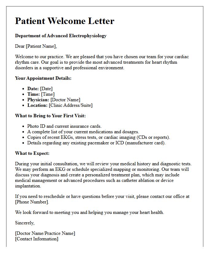 Advanced Electrophysiology Patient Welcome Letter