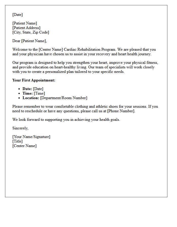 Cardiac Rehabilitation Center Welcome Letter