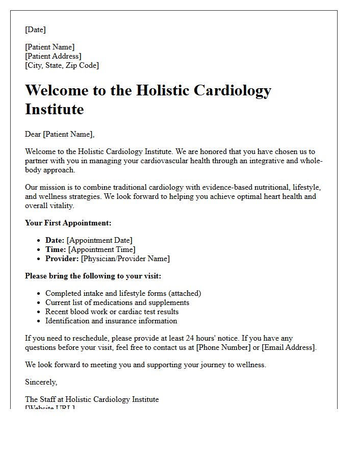Holistic Cardiology Institute Welcome Letter