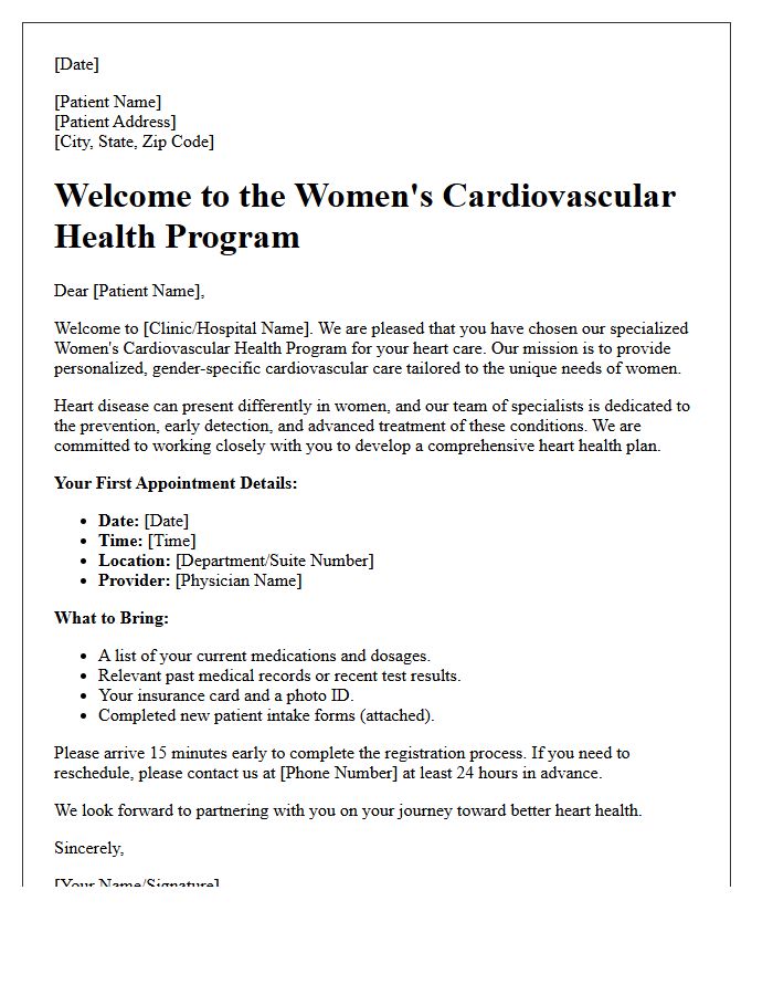 Women's Cardiovascular Health Welcome Letter