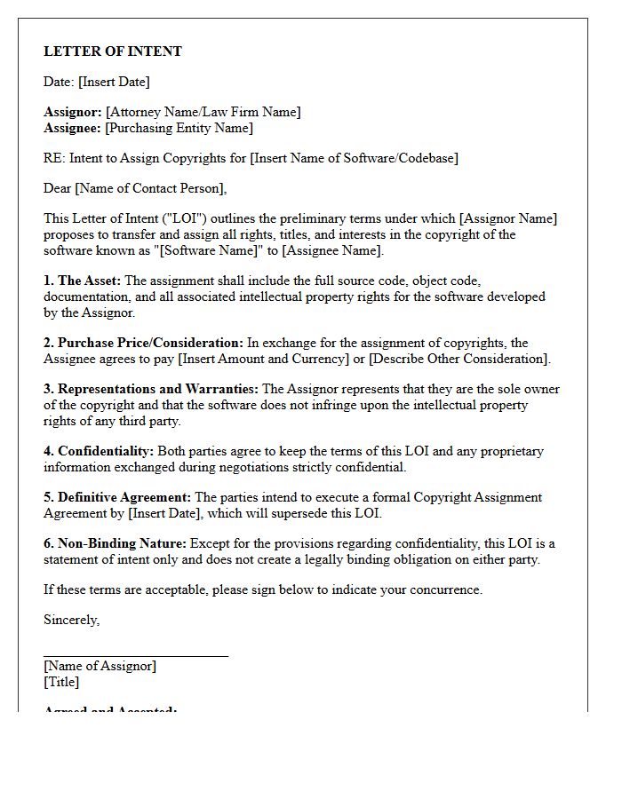Draft Letter of Intent for the Assignment of Attorney Software Copyrights