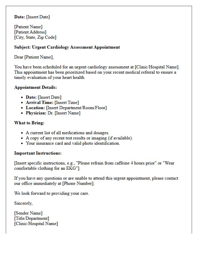 Urgent Cardiology Assessment Welcome Letter