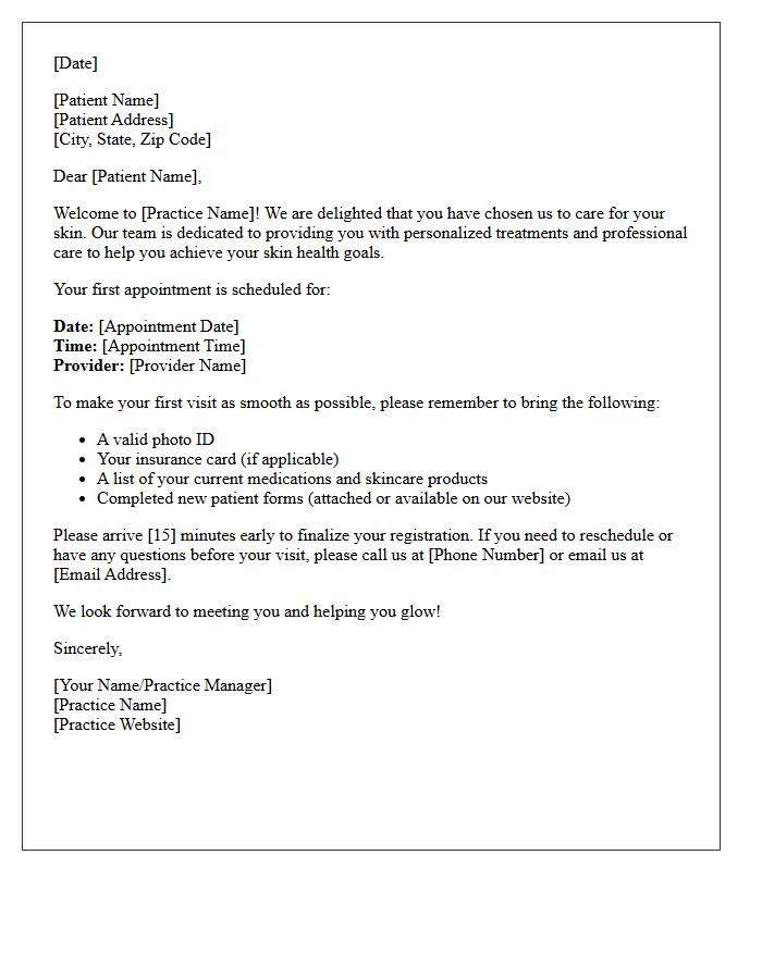 First Visit Welcome Letter for Skin Care Patients