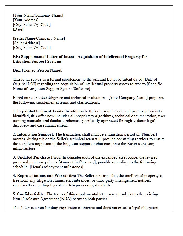 Supplemental Letter of Intent to Buy Intellectual Property for Litigation Support Systems