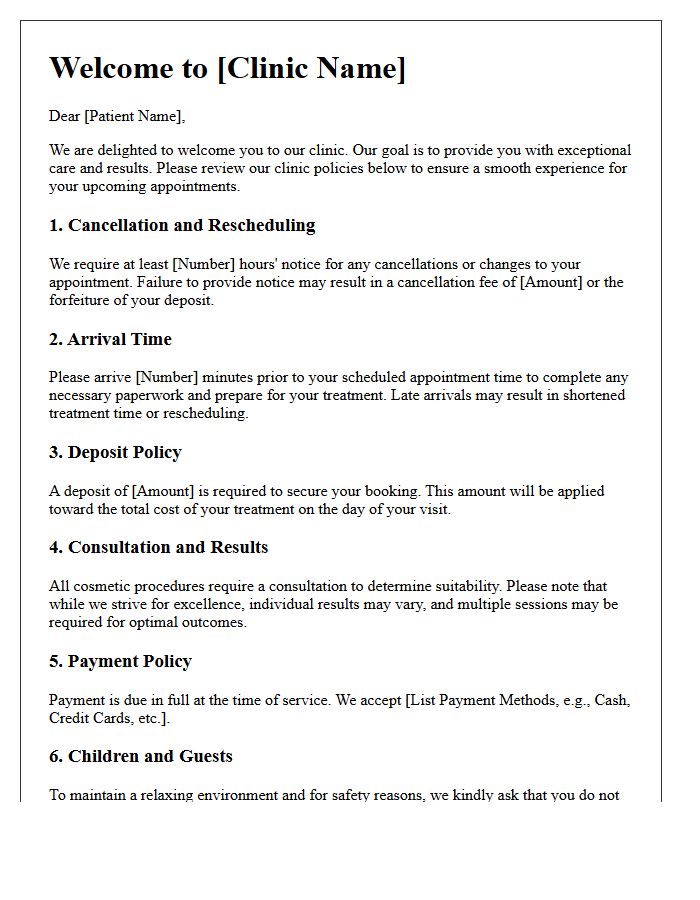 Welcome Letter Detailing Cosmetic Clinic Policies