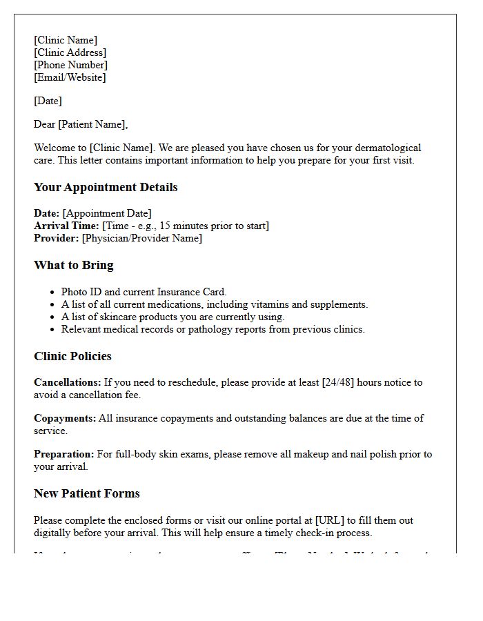 New Patient Orientation Letter for Dermatology Clinics