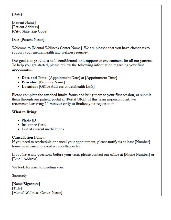 Mental Wellness Center Patient Onboarding Letter