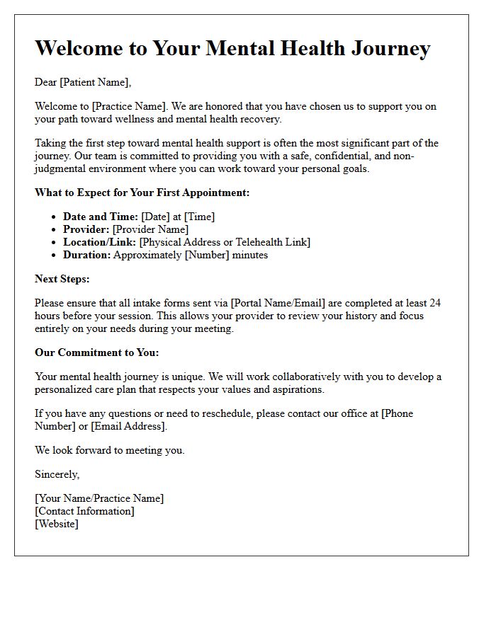 New Patient Mental Health Journey Welcome Letter