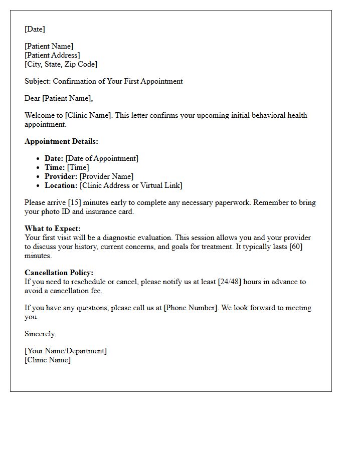 Behavioral Health Clinic First Appointment Letter