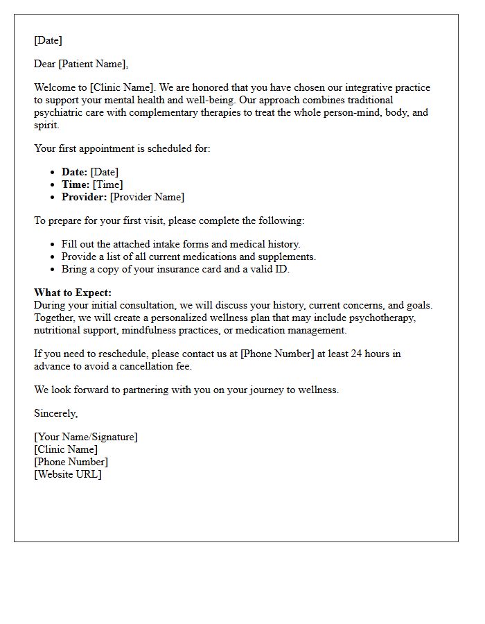 Integrative Mental Health Clinic Welcome Letter