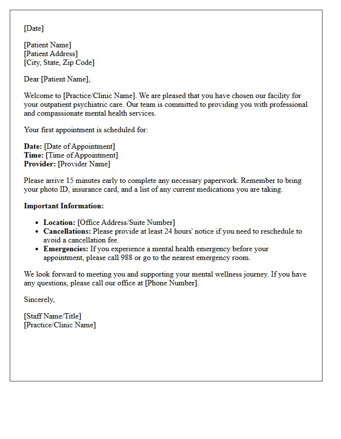 Outpatient Psychiatric Services Welcome Letter