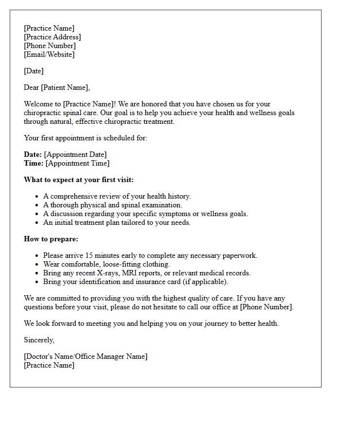 Chiropractic Spinal Care New Patient Welcome Letter