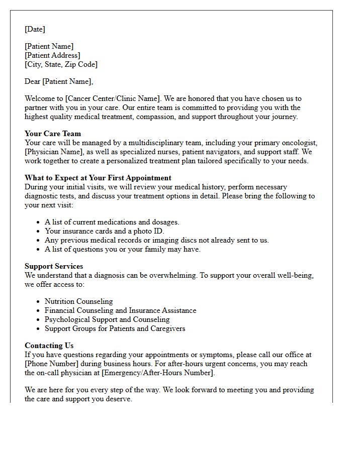 New Patient Oncology Welcome and Care Support Letter