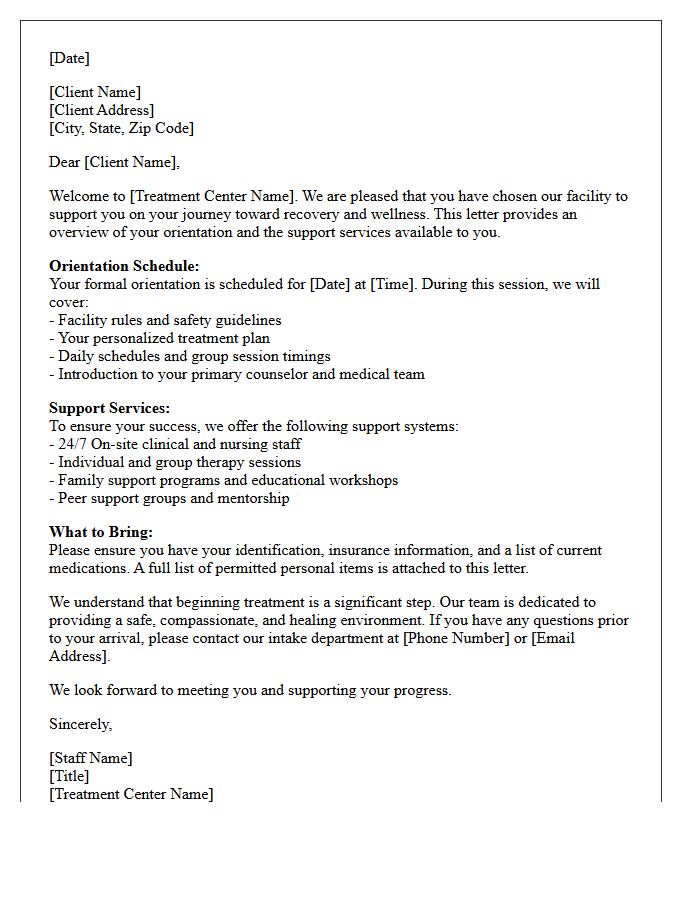 Treatment Center Orientation and Support Letter