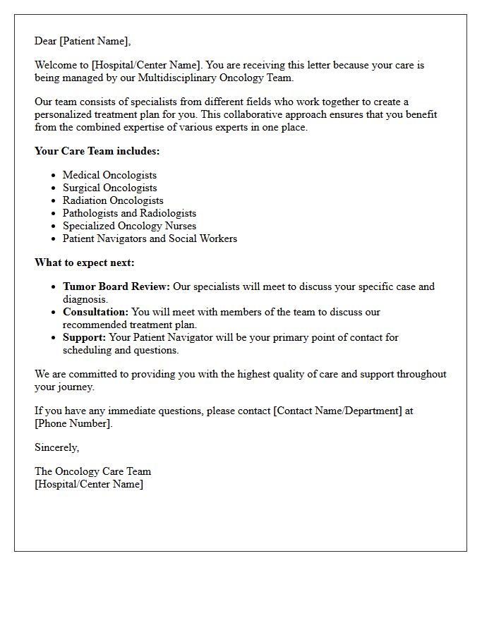 Multidisciplinary Oncology Team Welcome Letter