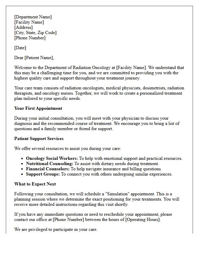 Radiation Oncology Welcome and Patient Support Letter