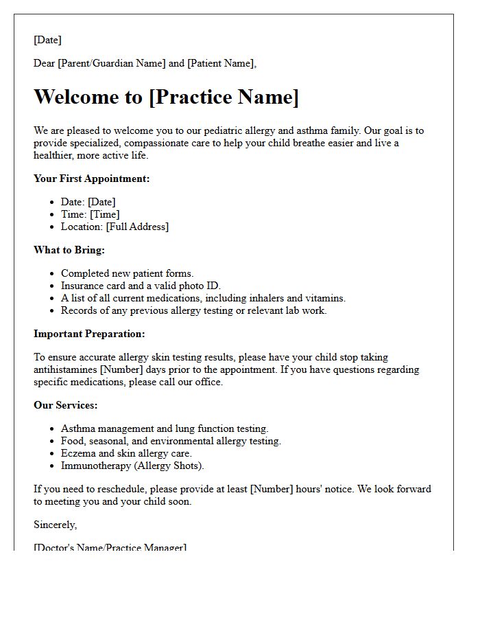 Pediatric Allergy and Asthma Care Welcome Letter