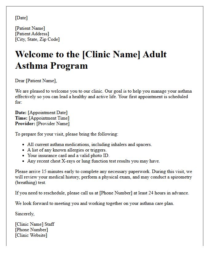 Adult Asthma Clinic New Patient Welcome Letter