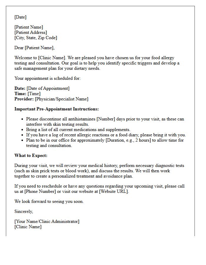 Food Allergy Testing and Consultation Welcome Letter
