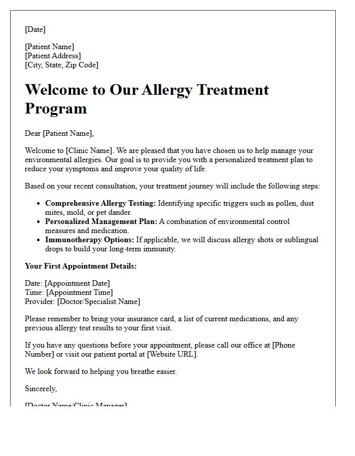 Environmental Allergy Treatment Welcome Letter