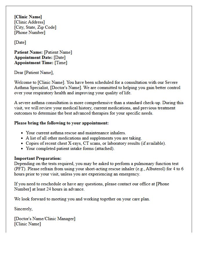 Severe Asthma Specialist Consultation Welcome Letter