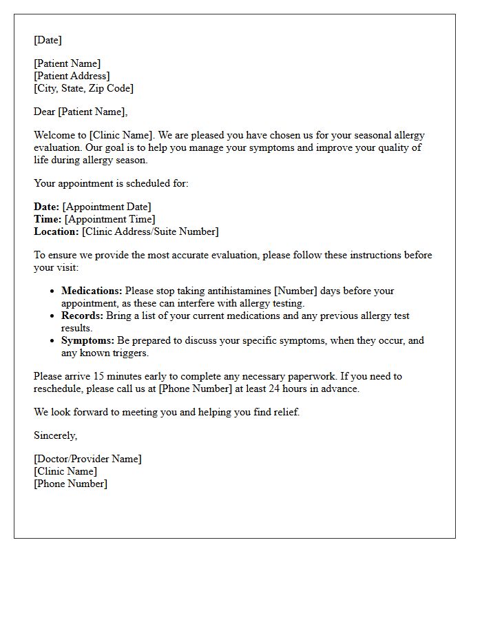 Seasonal Allergy Evaluation Welcome Letter
