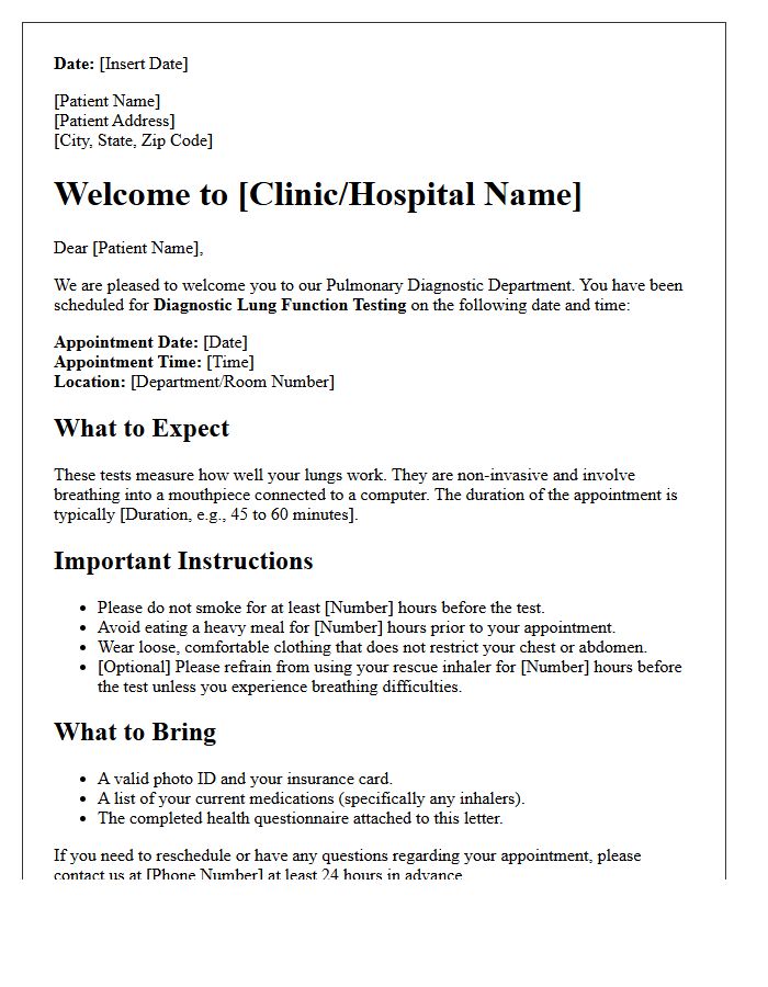 Diagnostic Lung Function Testing Welcome Letter