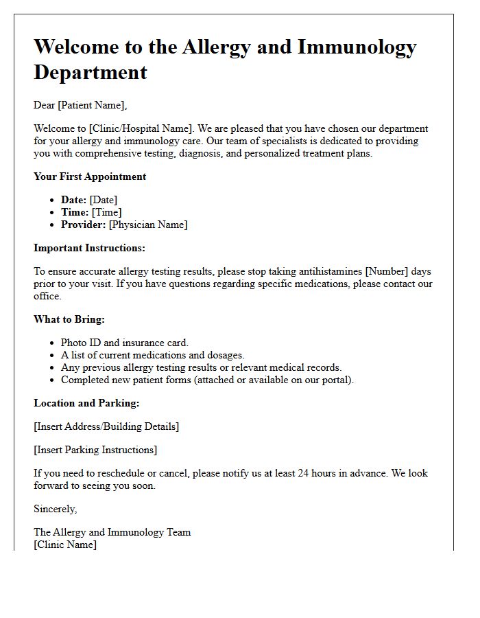 Allergy and Immunology Department Welcome Letter