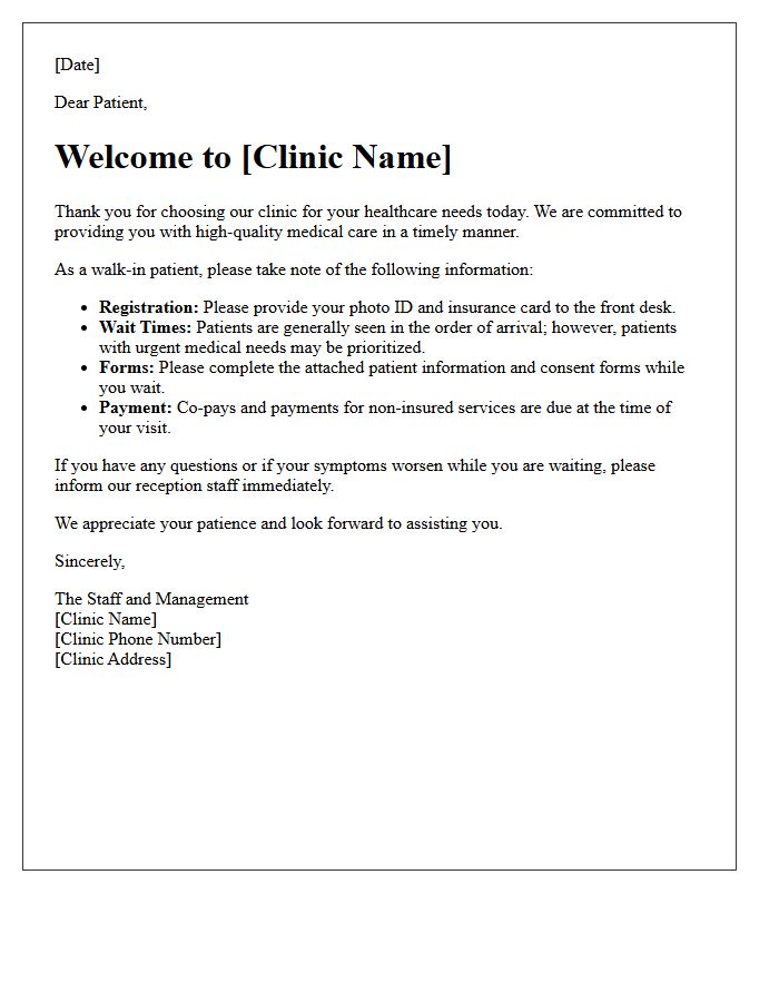 Medical Clinic Walk-In Patient Welcome Letter