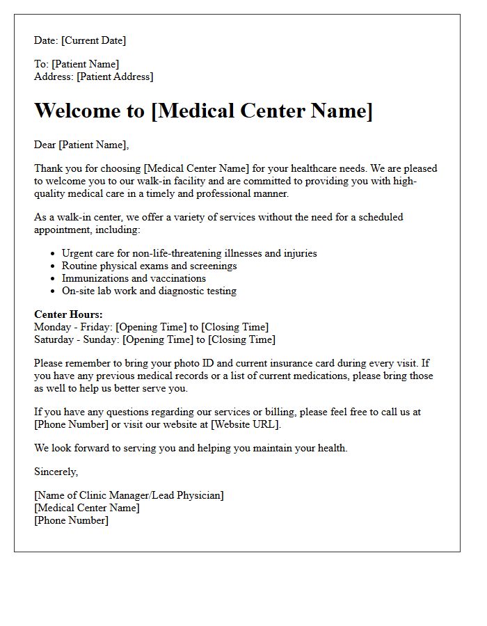 Walk-In Medical Center New Patient Welcome Letter
